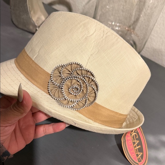 Scala Accessories - Scala Cream and Tan fedora with Floral Detail